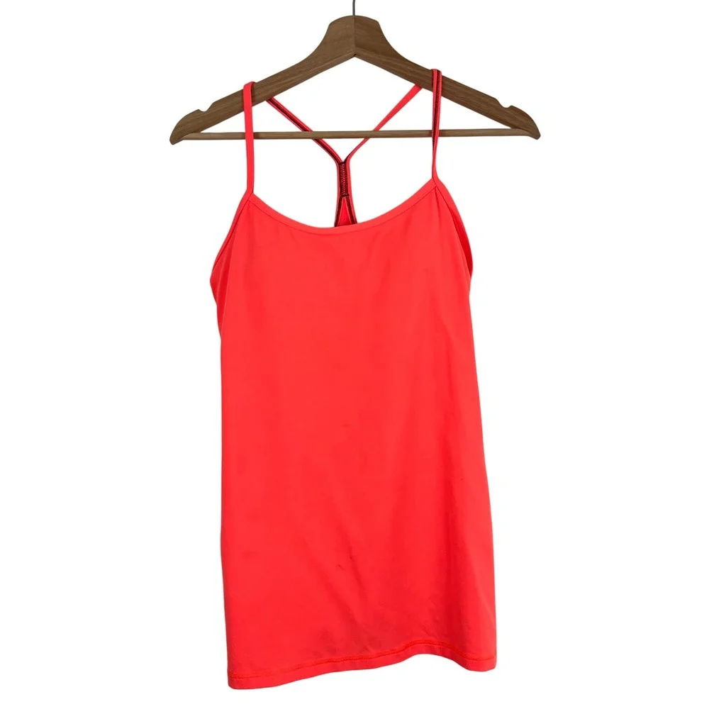 Lululemon Power Y Tank Top Neon Coral Orange Racerback Shelf Bra Womens Yoga 10